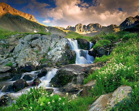 A spring cascade with white wildflowers in American Basin in the Colorado Rocky Mountains White Modern Wood Framed Art Print with Double Matting by SMO