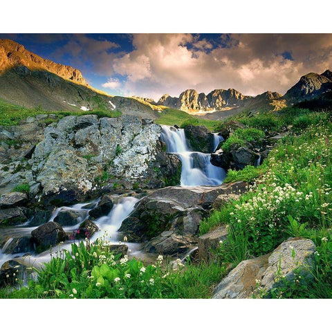 A spring cascade with white wildflowers in American Basin in the Colorado Rocky Mountains Black Modern Wood Framed Art Print by SMO