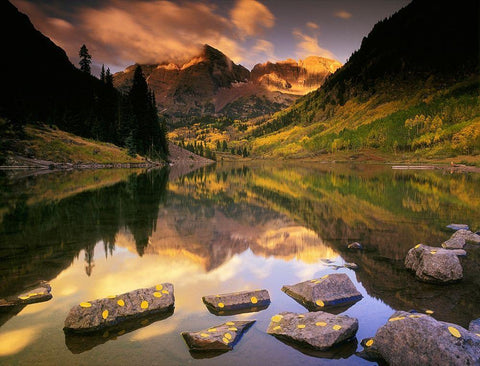 Sunrise on the Maroon Bells-Rocky Mountains-near Aspen Colorado White Modern Wood Framed Art Print with Double Matting by SMO