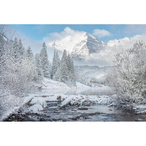 Winter comes to the maroon bells near Aspen Colorado in the Rocky Mountains White Modern Wood Framed Art Print by SMO