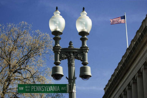 Washington DC, Historic street sign and lamp White Modern Wood Framed Art Print with Double Matting by Flaherty, Dennis