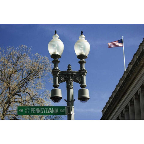 Washington DC, Historic street sign and lamp Black Modern Wood Framed Art Print with Double Matting by Flaherty, Dennis