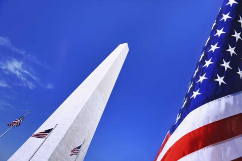 Washington DC, Washington Monument and US flag White Modern Wood Framed Art Print with Double Matting by Flaherty, Dennis