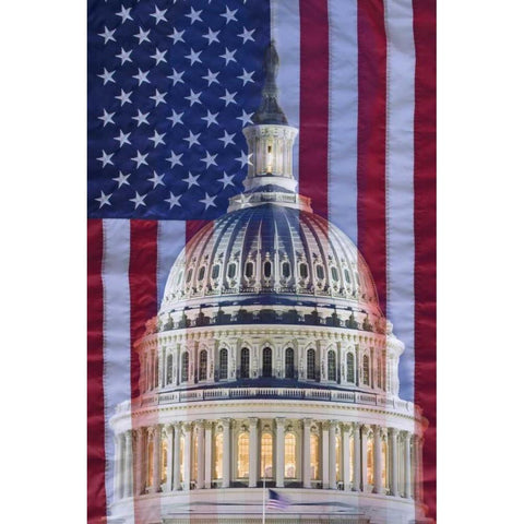 Washington, DC US flag and US Capitol building Black Modern Wood Framed Art Print with Double Matting by Flaherty, Dennis