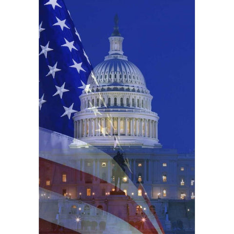 Washington, DC US flag and US Capitol building White Modern Wood Framed Art Print by Flaherty, Dennis