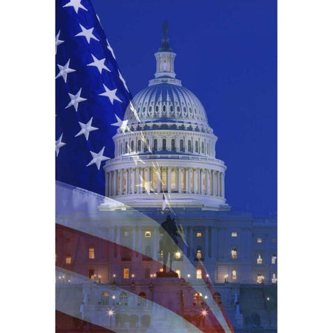 Washington, DC US flag and US Capitol building Black Modern Wood Framed Art Print by Flaherty, Dennis