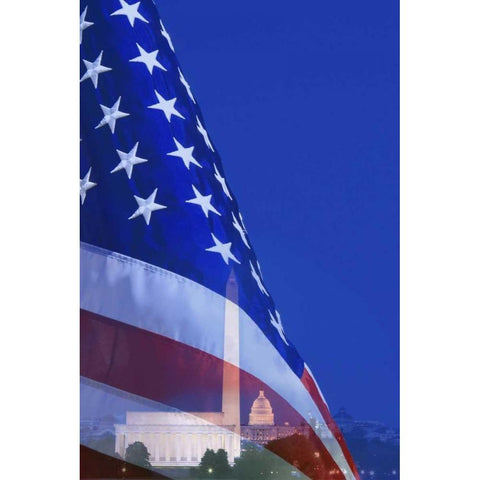 Washington DC, American flag superimposed Black Modern Wood Framed Art Print with Double Matting by Flaherty, Dennis