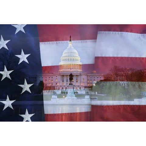 Washington DC, US flag over US Capitol buildings Black Modern Wood Framed Art Print by Flaherty, Dennis