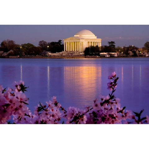 The Jefferson Memorial and Tidal Basin in April with cherry blossoms-Washington DC Black Modern Wood Framed Art Print by Perry, William