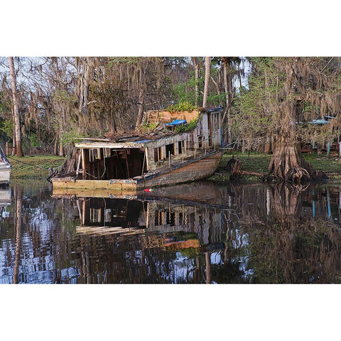 Early spring view of old abandoned boat-blackwater area of St Johns River-central Florida Black Modern Wood Framed Art Print by Jones, Adam