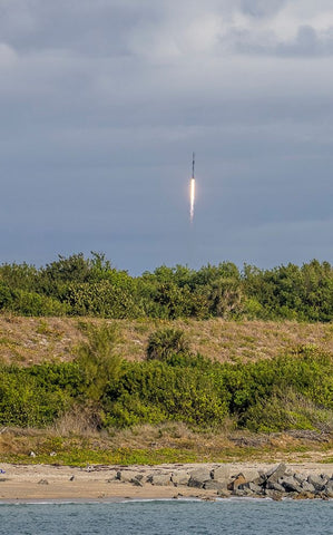 USA-Florida-Port Canaveral-A Space X rocket being launched from Cape Canaveral Black Ornate Wood Framed Art Print with Double Matting by Looney, Hollice