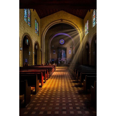 Golden light of sunrays coming into the stained glass windows of St Leos Abbey in Florida Black Modern Wood Framed Art Print by Haddad, Sheila