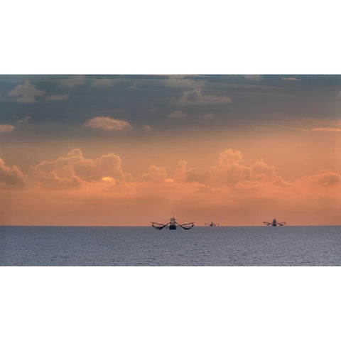 Fishing boats deep out to sea against the backdrop of dramatic sunset clouds and sky Black Modern Wood Framed Art Print with Double Matting by Haddad, Sheila