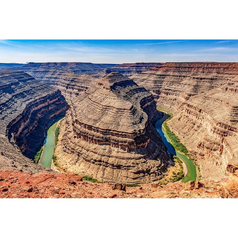 Monument Valley-Utah-San Juan River running through three sinuous canyons and valleys Black Modern Wood Framed Art Print by Perry, William