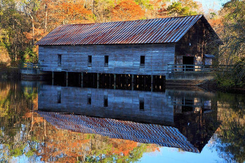 Georgia-Covered bridge and grist mill in the fall Black Ornate Wood Framed Art Print with Double Matting by Wells, Joanne