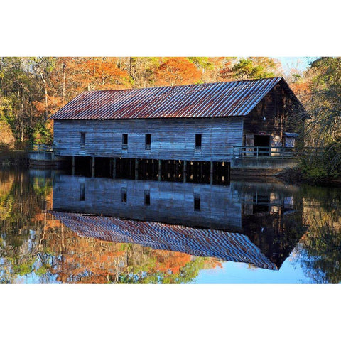 Georgia-Covered bridge and grist mill in the fall Black Modern Wood Framed Art Print by Wells, Joanne