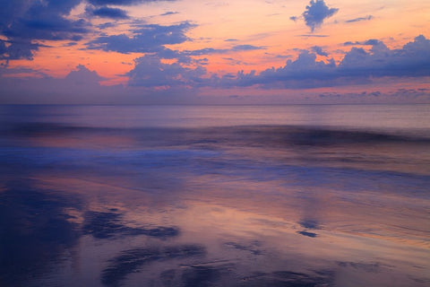 USA- Georgia- Tybee Island. Sunrise with clouds and reflections along the coast. Black Ornate Wood Framed Art Print with Double Matting by Wells, Joanne