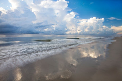 USA- Georgia- Tybee Island. Sunrise with clouds and reflections along the coast. Black Ornate Wood Framed Art Print with Double Matting by Wells, Joanne