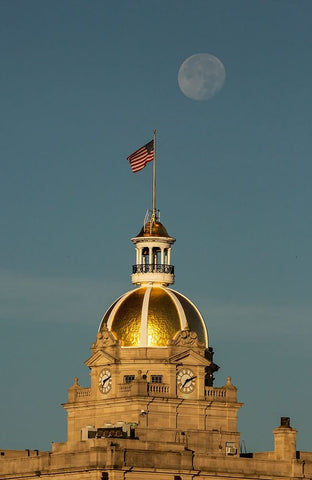 USA- Georgia- Savannah. Moon setting over gold dome at City Hall. Black Ornate Wood Framed Art Print with Double Matting by Wells, Joanne