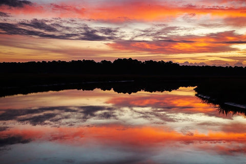 USA- Georgia- Savannah. Sunrise along Grimball Creek. Black Ornate Wood Framed Art Print with Double Matting by Wells, Joanne