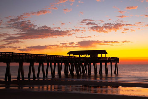 USA- Georgia. Silhouette of a pier in the sunrise- near Savannah. Black Ornate Wood Framed Art Print with Double Matting by Wells, Joanne