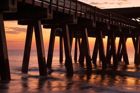 USA- Georgia. Silhouette of a pier in the sunrise- near Savannah. Black Ornate Wood Framed Art Print with Double Matting by Wells, Joanne