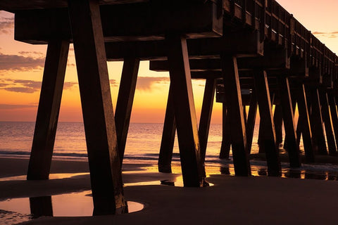 USA- Georgia- Tybee Island. Pier silhouetted in the sunrise. Black Ornate Wood Framed Art Print with Double Matting by Wells, Joanne