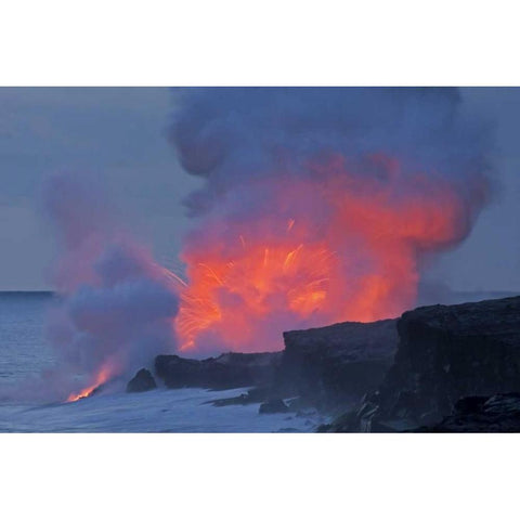 HI, Hawaii Volcanoes NP Lava explodes by ocean Black Modern Wood Framed Art Print by Illg, Cathy and Gordon