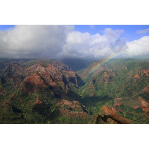 Hawaii, Kauai Rainbow over Waimea Canyon White Modern Wood Framed Art Print by Flaherty, Dennis