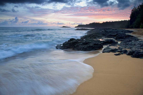 USA, Hawaii, Kauai Secret Beach at dawn White Modern Wood Framed Art Print with Double Matting by Flaherty, Dennis