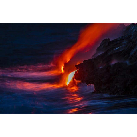 HI, Kilauea Hot Lava flowing into the ocean Black Modern Wood Framed Art Print by Illg, Cathy and Gordon