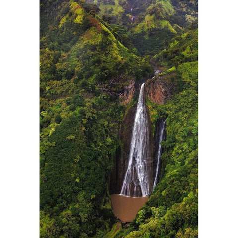 Lush Inland waterfalls during helicopter tour in Kauai-Hawaii-USA Black Modern Wood Framed Art Print with Double Matting by Haney, Chuck