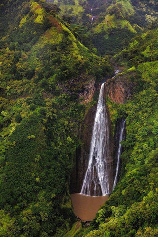 Lush Inland waterfalls during helicopter tour in Kauai-Hawaii-USA White Modern Wood Framed Art Print with Double Matting by Haney, Chuck