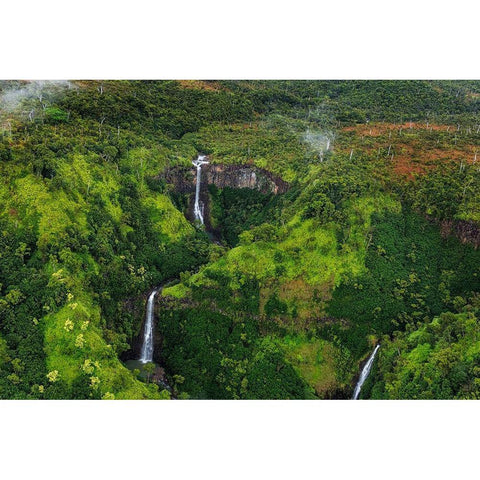 Lush Inland waterfalls during helicopter tour in Kauai-Hawaii-USA White Modern Wood Framed Art Print by Haney, Chuck