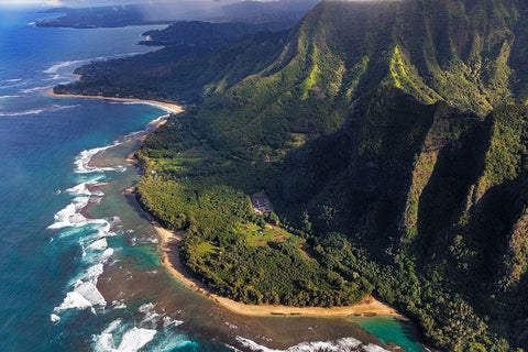 Aerial view of Kee Beach and the Napali Coastline in Kauai-Hawaii-USA Black Ornate Wood Framed Art Print with Double Matting by Haney, Chuck