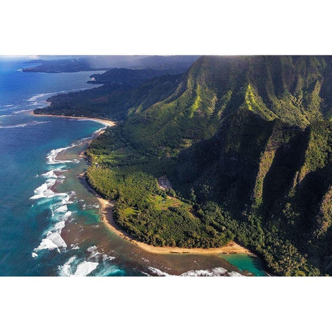 Aerial view of Kee Beach and the Napali Coastline in Kauai-Hawaii-USA White Modern Wood Framed Art Print by Haney, Chuck