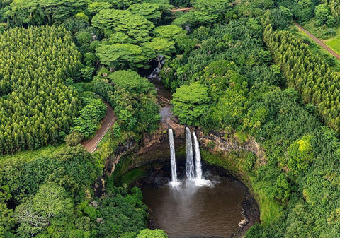 Aerial view of Wailua Falls in Kauai-Hawaii-USA White Modern Wood Framed Art Print with Double Matting by Haney, Chuck