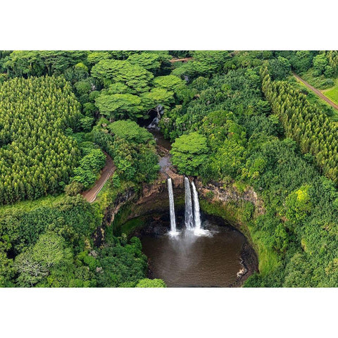 Aerial view of Wailua Falls in Kauai-Hawaii-USA White Modern Wood Framed Art Print by Haney, Chuck