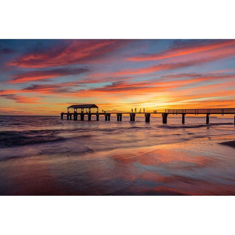 Vivid sunrise clouds silhouette Waimea Pier with Niihau Island in distance in Kauai-Hawaii-USA Black Modern Wood Framed Art Print by Haney, Chuck