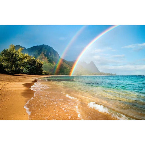 A double rainbow over the coastline of a Hawaiian island Haena-Kauai-Hawaii Black Modern Wood Framed Art Print by Design Pics