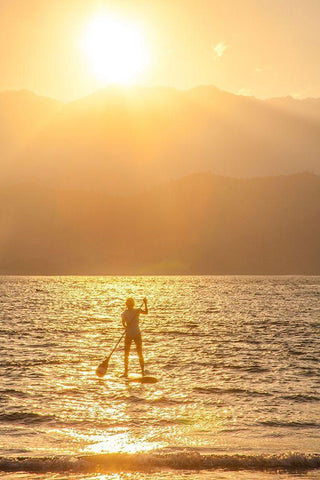 Hawaii-Kauai-Hanalei bay with paddle boarder at sunset White Modern Wood Framed Art Print with Double Matting by Gulin, Sylvia
