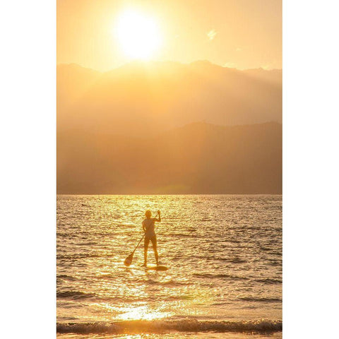 Hawaii-Kauai-Hanalei bay with paddle boarder at sunset Gold Ornate Wood Framed Art Print with Double Matting by Gulin, Sylvia