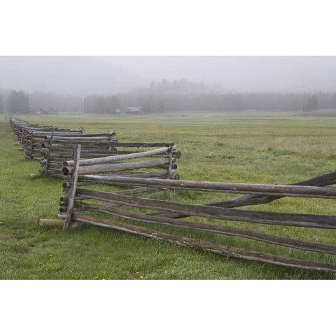 Idaho, Sawtooth Mts Fence in misty farm country Black Modern Wood Framed Art Print with Double Matting by Flaherty, Dennis