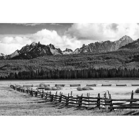 Idaho, Sawtooth NRA Rail fence and landscape Black Modern Wood Framed Art Print by Flaherty, Dennis