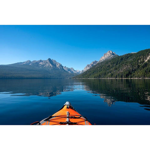 USA-Idaho-Redfish Lake Kayak facing Sawtooth Mountains Black Modern Wood Framed Art Print by Davidson, Janell