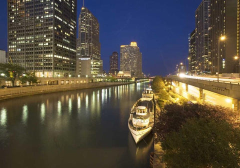 Illinois, Chicago Night along the Chicago River Black Ornate Wood Framed Art Print with Double Matting by Flaherty, Dennis