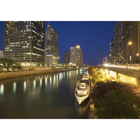 Illinois, Chicago Night along the Chicago River Black Modern Wood Framed Art Print by Flaherty, Dennis