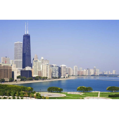 Illinois, Chicago Downtown and Lake Michigan Black Modern Wood Framed Art Print by Flaherty, Dennis