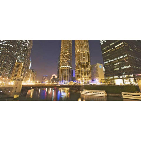 Illinois, Chicago Night along the Chicago River Gold Ornate Wood Framed Art Print with Double Matting by Flaherty, Dennis