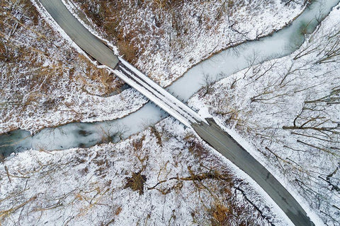 Aerial view of winter forest-bridge-and creek Stephen A Forbes State Park-Marion County-Illinois White Modern Wood Framed Art Print with Double Matting by Day, Richard and Susan